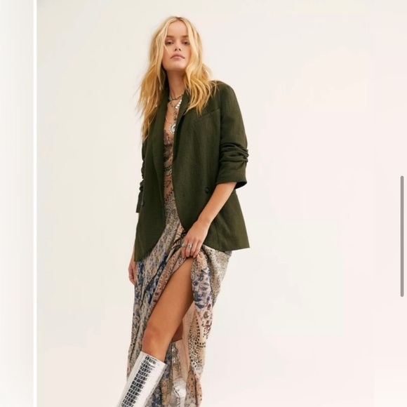 free People Rowan Blazer Gauze Cotton Olive Green Boho Médium Oversize Button Up - Picture 1 of 16